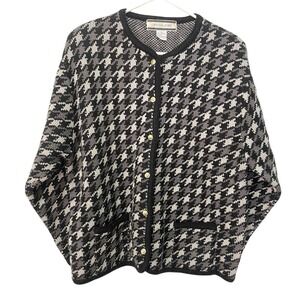 Vintage Crystal-Kobe Womens XL Houndstooth Cardigan Gold Buttons Black Gray